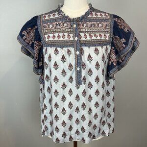 Sundance Blue Paisley Shirt Size XL Petite Ruffles Sleeves Boho Linen Blend